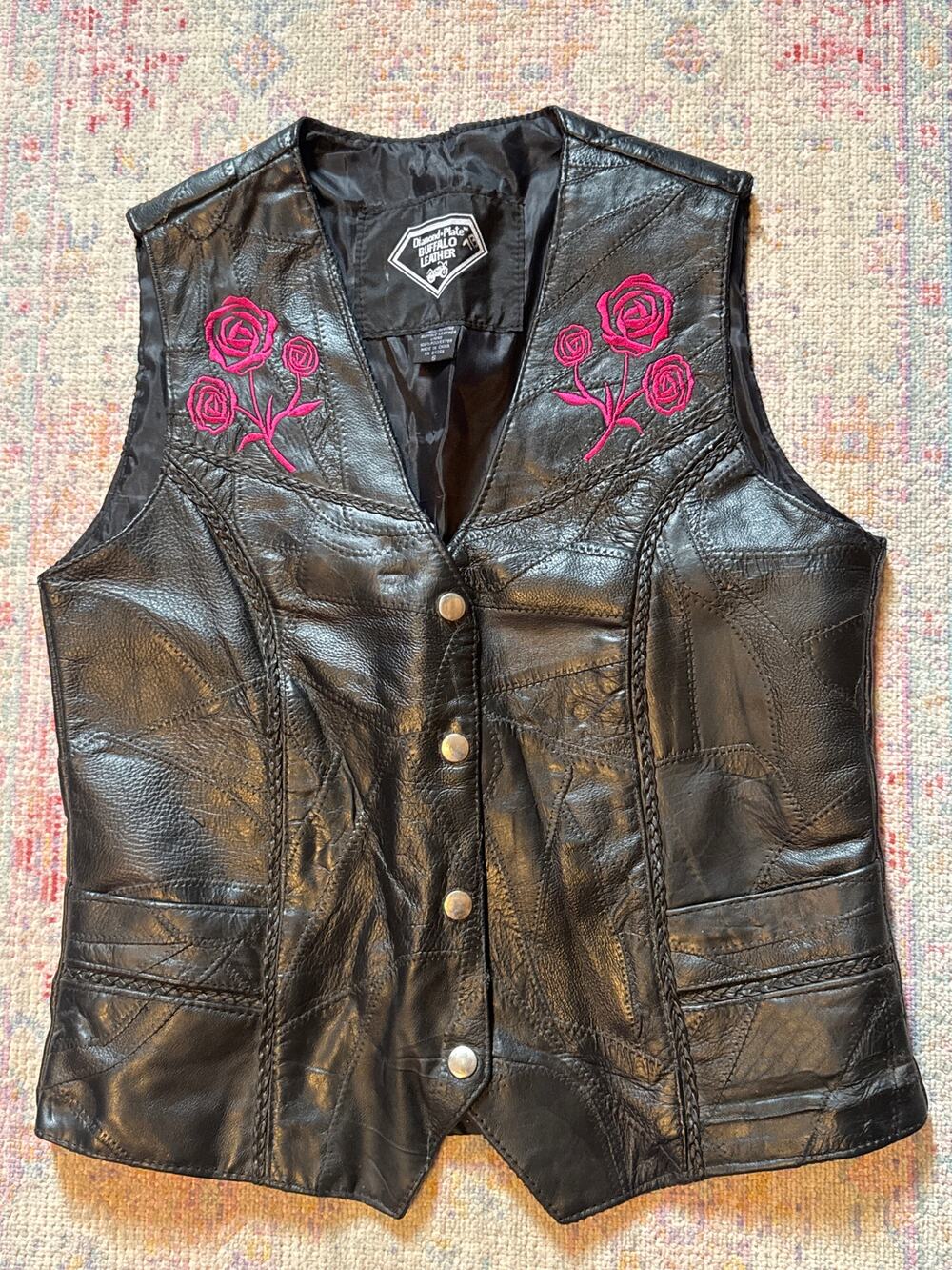 Diamond Plate Buffalo Leather biker vest Rose Embroidery Small Black Pink